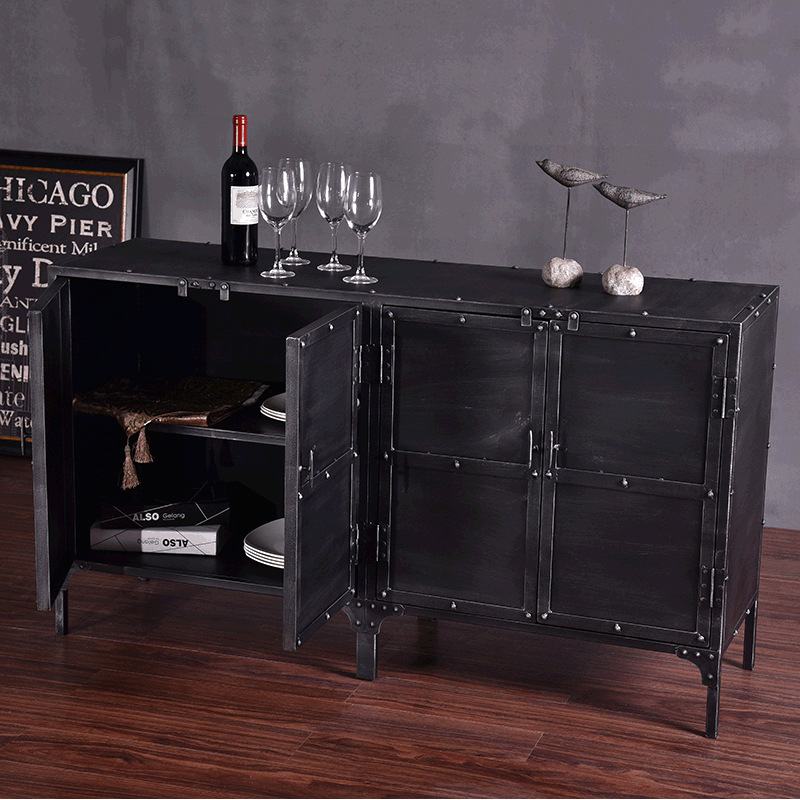 loft美式工业风铁艺柜子复古做旧酒吧酒水柜餐厅餐边柜铆钉铁皮柜