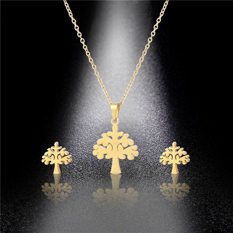 Necklace Set Lucky Tree Necklace Hollow out Lucky Tree Eardrops Stud Earrings Women's Stainless Steel Peach Heart Jewelry Three-Piece Set