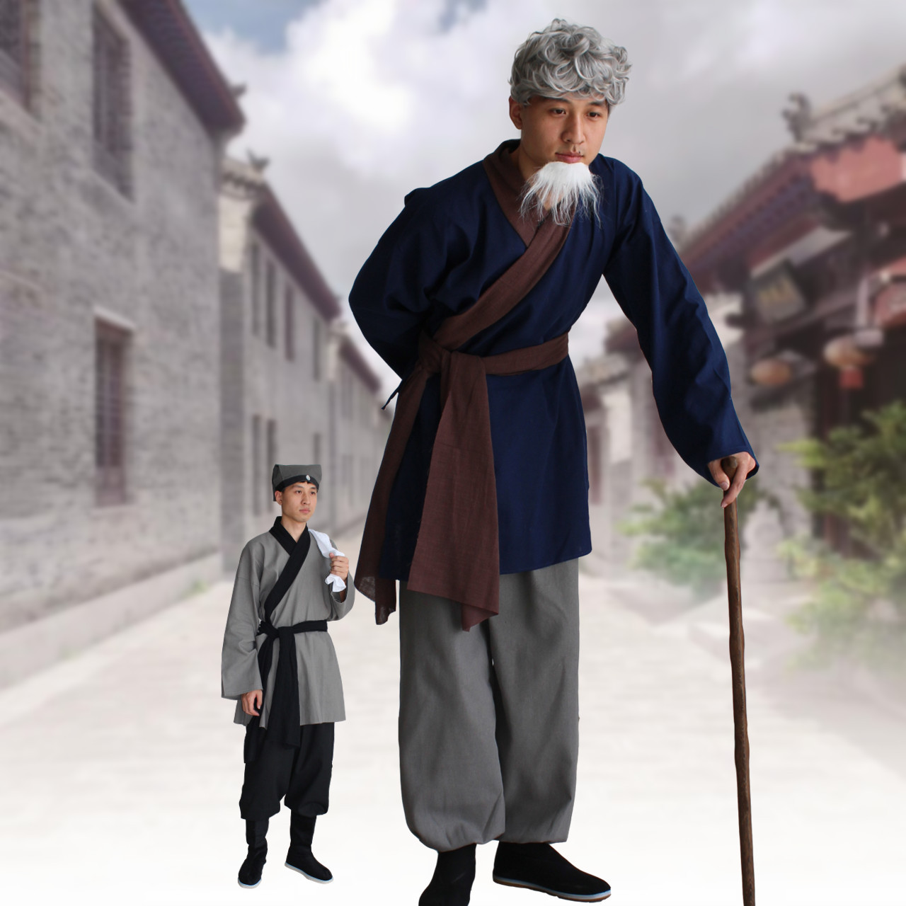 粗布棉麻古装汉服上衣灯笼裤套装男民国清朝农民演出服装店小二服