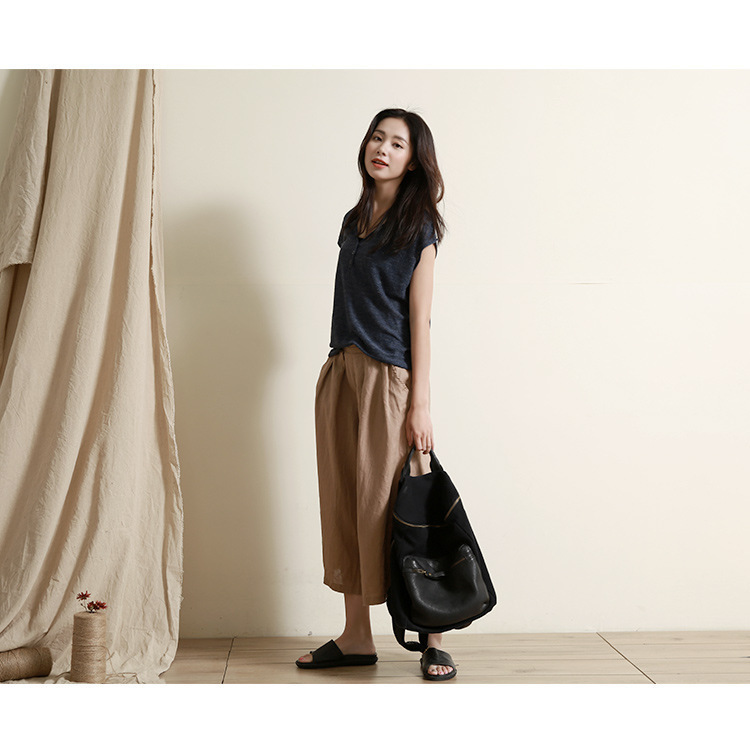 春夏季新款天丝亚麻清凉透气女v领文艺宽松短袖t恤针织衫详情17