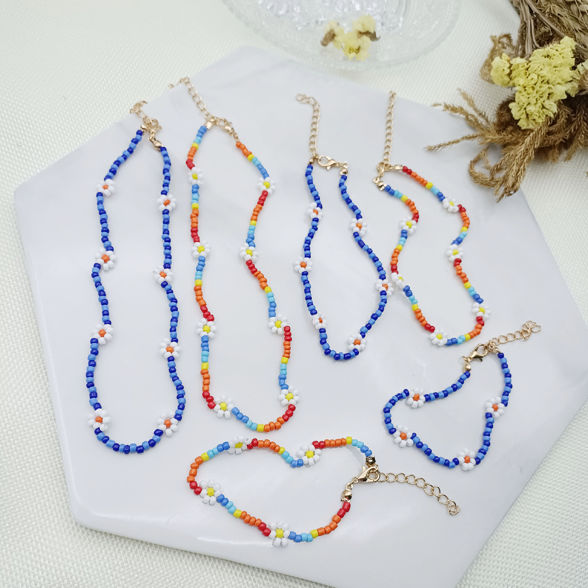 欧美简约撞色创意手链脚链 编织串珠花朵米珠彩色项链女 跨境饰品