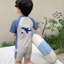 儿童连体短袖泳衣男童夏季可爱鲨鱼防晒速干中小童海边度假泳装