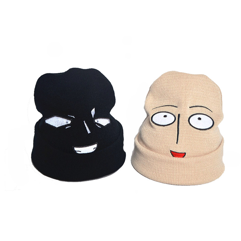 Funny Harajuku Cartoon One Punch Man Bald Embroidery Knitted Hat Men's and Women's Expression Slipover Woolen Cap Warm Hat