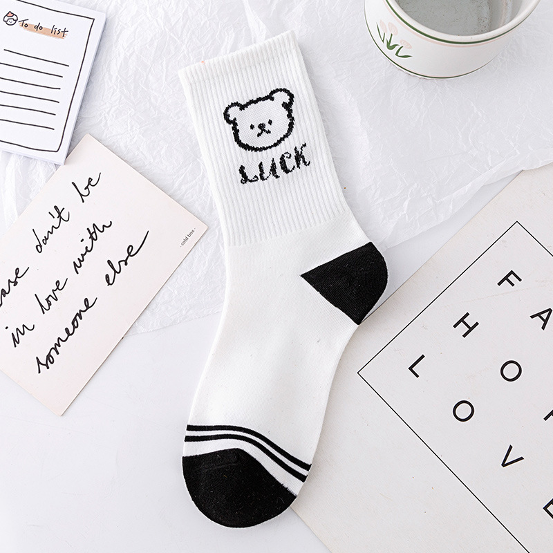 Zhuji Wholesale Cotton Socks Foreign Trade Cartoon Long Socks Spring/Summer Women's Mid-Calf Length Sock Black and White Bear Chessboard Plaid Striped Socks