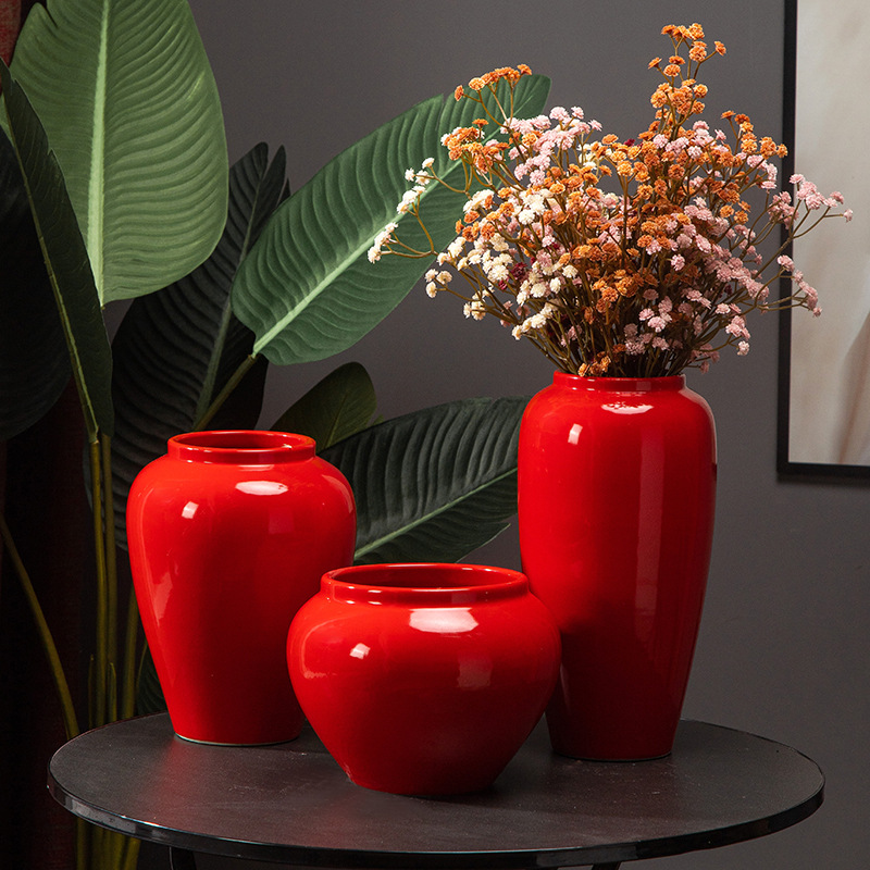 景德镇红色陶瓷花瓶新中式现代客厅玄关插干花装饰摆件台面装饰品