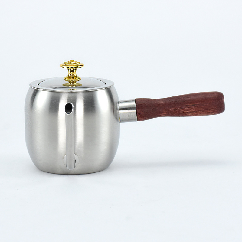 Hz482 Stainless Steel 304 Wood Grain Hand Wash Pot Novel Wood Grain Handle Ear-Hanging Coffee Pot with Drain Long Mouth Kettle