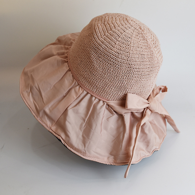 Spring and Summer Hollow Black Glue Bow Sunhat Women's Uv Protection Bucket Hat Broad-Brimmed Hat Bucket Hat Korean Fashion