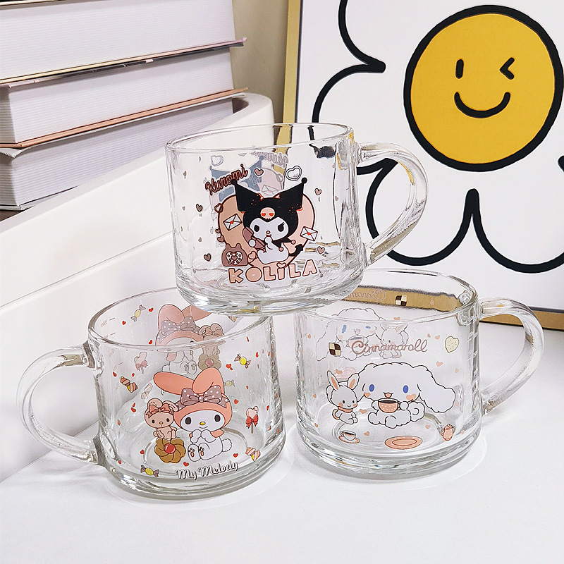 Cartoon Glass Cup Clow M Melody Cinnamoroll Babycinnamoroll Children's Milk Cup Straw Cup with Cover Spoon Breakfast Cup