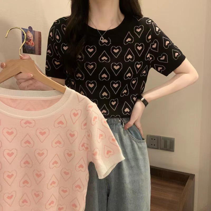 圆领套头爱心图案短袖针织衫女夏季设计感小众甜美百搭显瘦上衣女