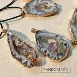 天然水晶洞玛瑙空心原石切片吊坠 镶嵌黄紫水晶 鎏金色边项链欧美