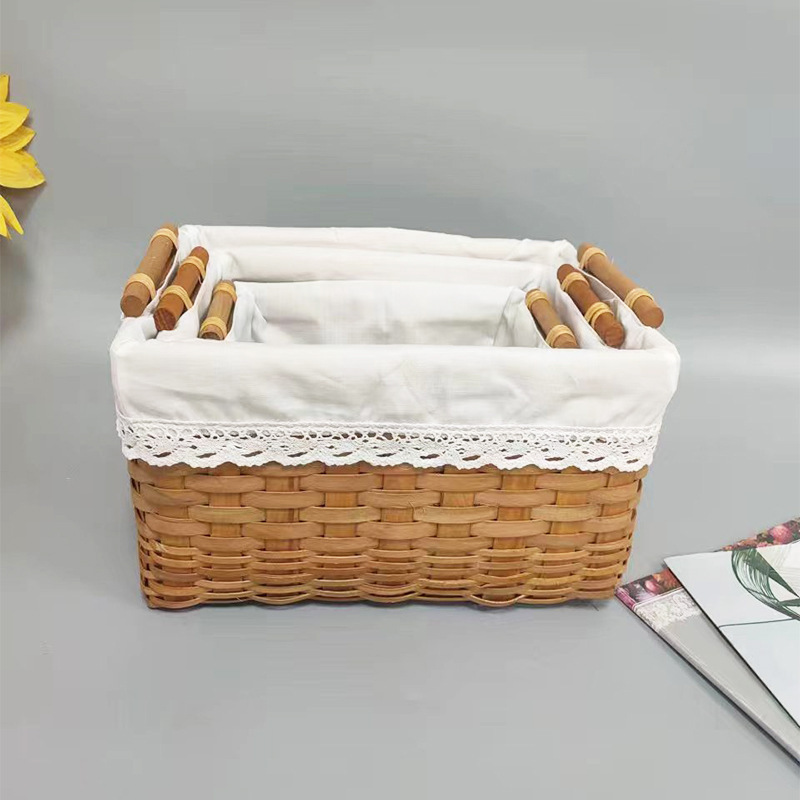 木质编织零食筐手工制作收纳筐花边布袋方形桌面零食杂物置物篮
