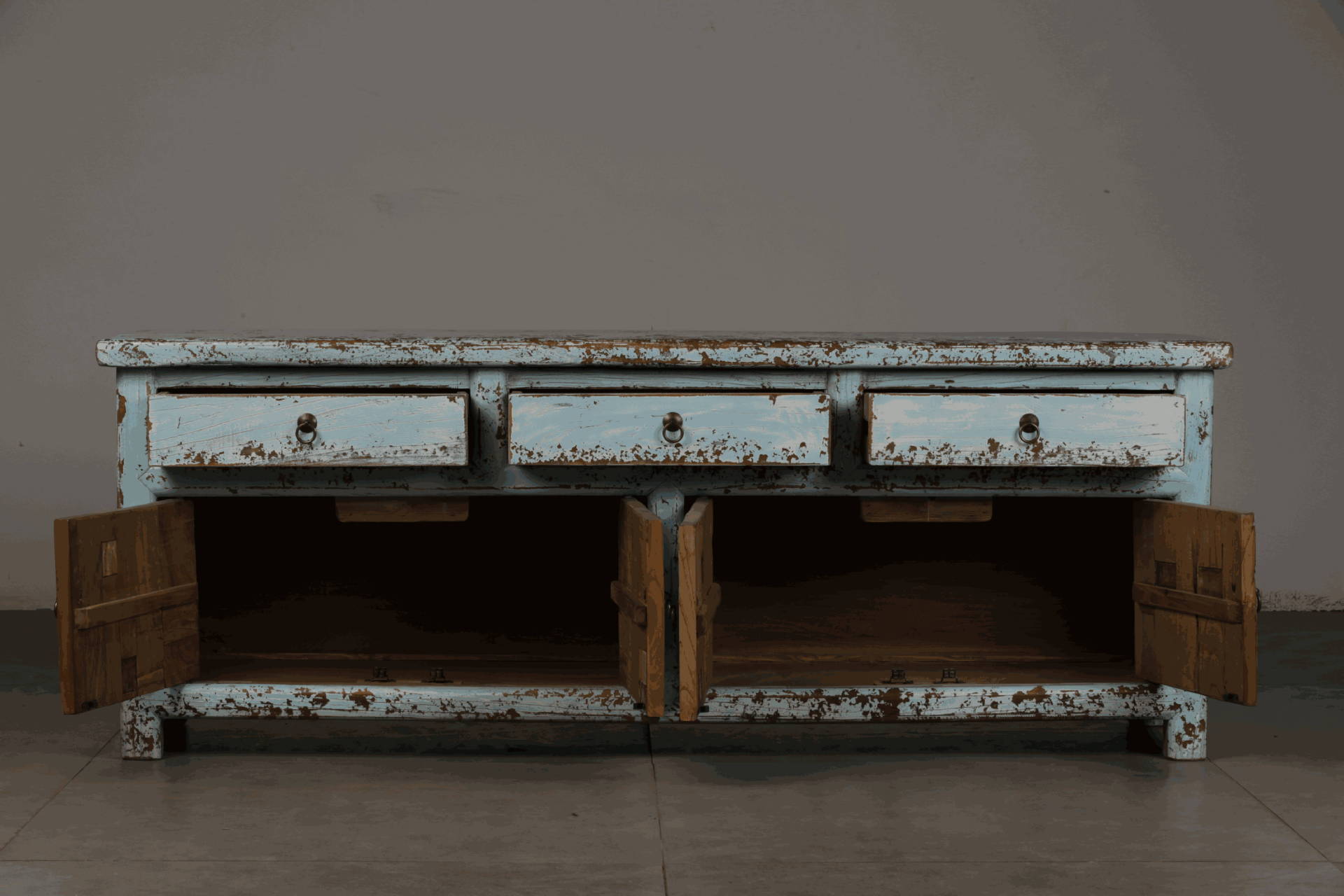 艺术家具)彩漆做旧工艺餐边柜 老松木实木柜子门柜田园复古