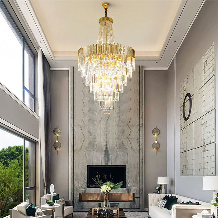复式楼轻奢水晶大吊灯客厅挑高中空楼梯后现代简约别墅酒店工程灯