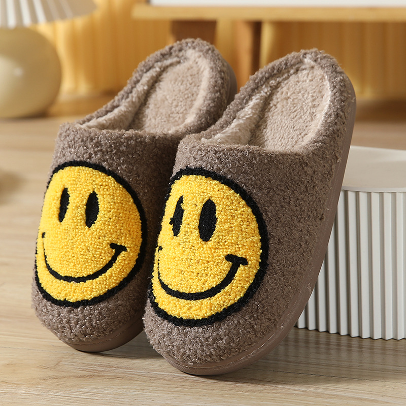 Smiley Face Korean Style Autumn and Winter Furry Couple Cotton Slippers Female Men's Household Cute Thick Bottom Cartoon Non-Slip Indoor