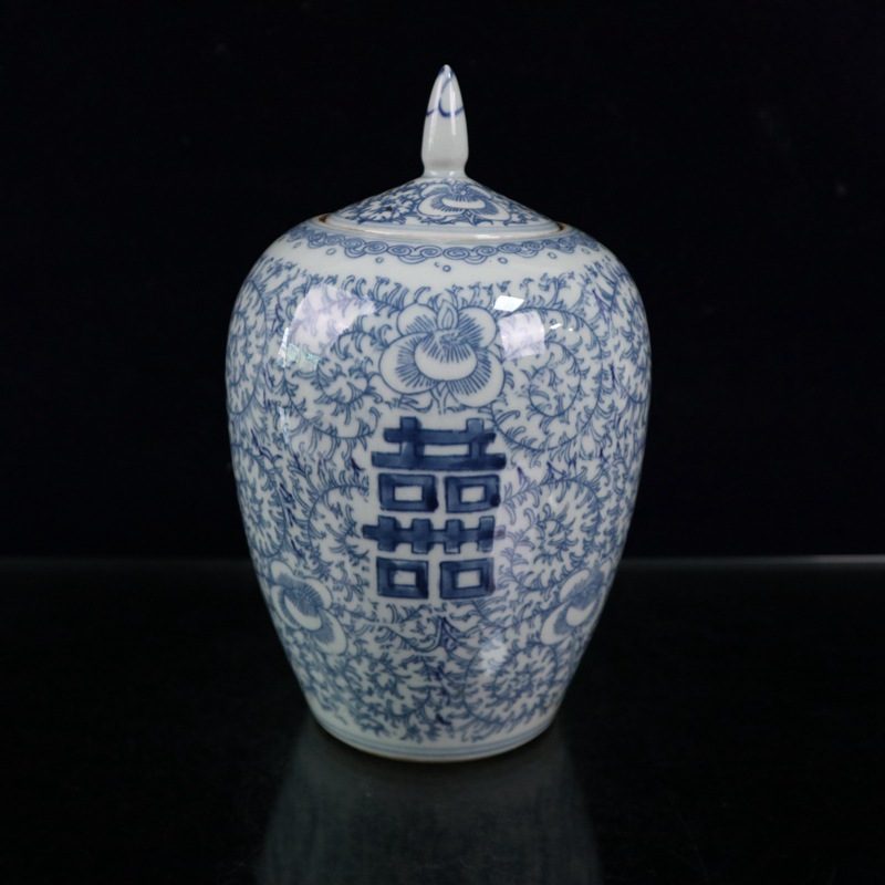 仿古做旧古玩批发青花双喜缠枝莲纹冬瓜罐客厅摆件陶瓷工艺品新品