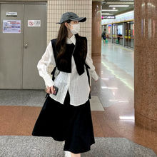 中长款长袖衬衫女外搭马甲日系两件套潮设计感小众法式半身套装裙