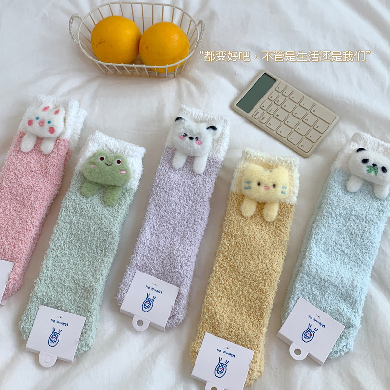 Coral Fleece Socks Cute Pet Thickened Female Middle Tube Socks Winter Thickened Velvet Padded Home Sleeping Socks