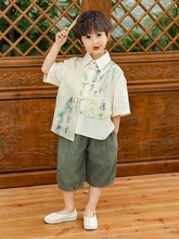 新中式国风男童汉服套装小男孩夏季儿童短袖衬衫裤子宝宝新款唐装