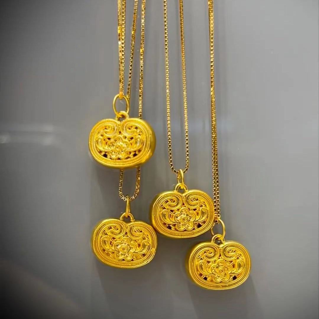 足金999黄金有钱花吊坠古法祥云锁包花丝国潮锁骨项链情人节礼物