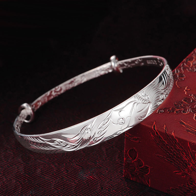 9999纯银龙凤呈祥推拉手镯女实心银镯子母亲节礼物送妈妈婆婆奶奶