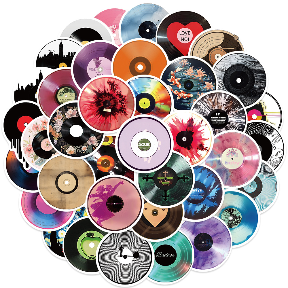 50张黑胶cd唱片涂鸦贴纸不干胶pvc贴画装饰行李箱滑板车水杯电脑
