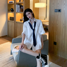2024春夏季新款时尚洋气白色领带衬衫女短袖韩版宽松中长款衬衣潮