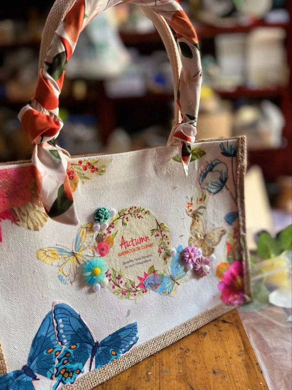 三八节蝶骨巴特麻布袋麻布包手工diy包包创意粘贴木暖场沙龙