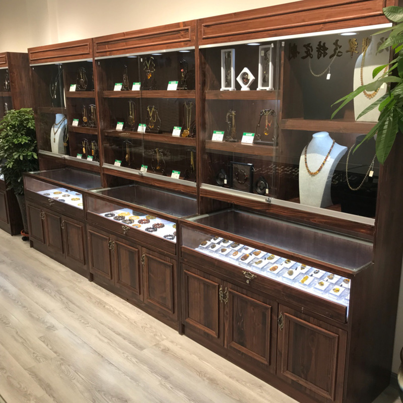 复古实木珠宝展示柜m古玩玉器透明陈列柜首饰蜜蜡饰品玻璃中岛柜