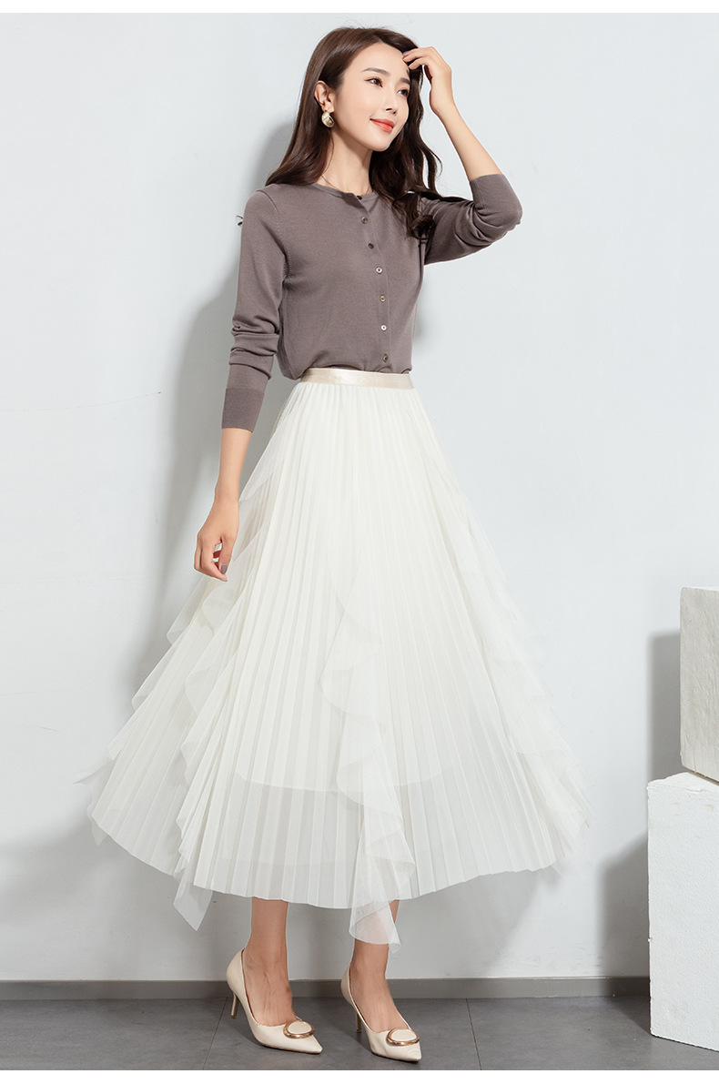 2021秋冬时尚新款不规则网纱裙半身裙女士黑色a字中长款百褶裙子