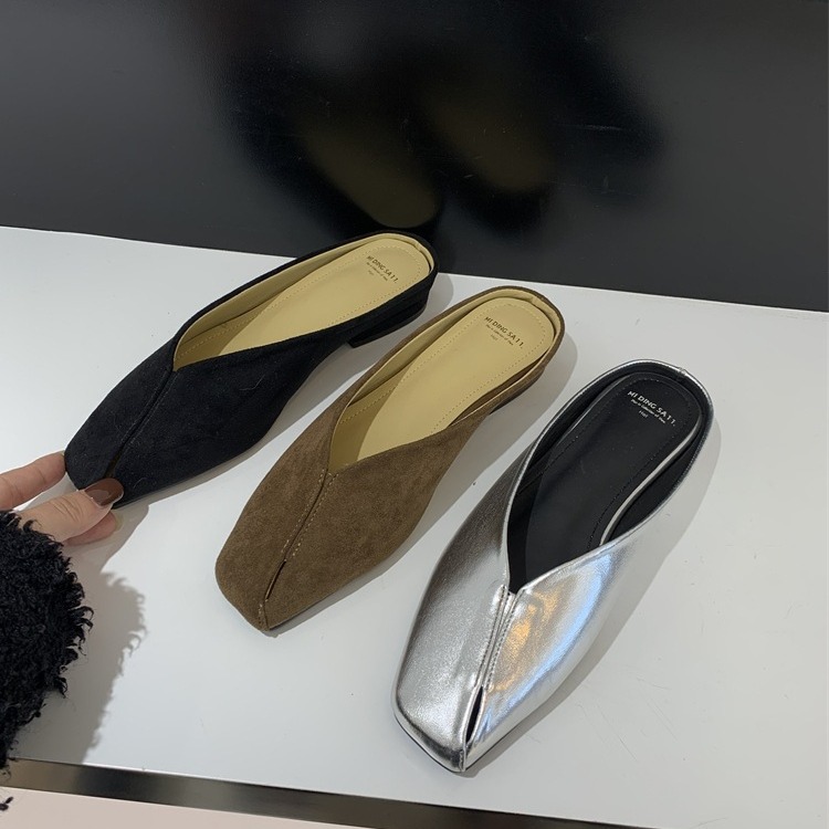 欧洲站2024小众复古方头平底鞋女镂空单鞋懒人一脚蹬包头半拖鞋潮