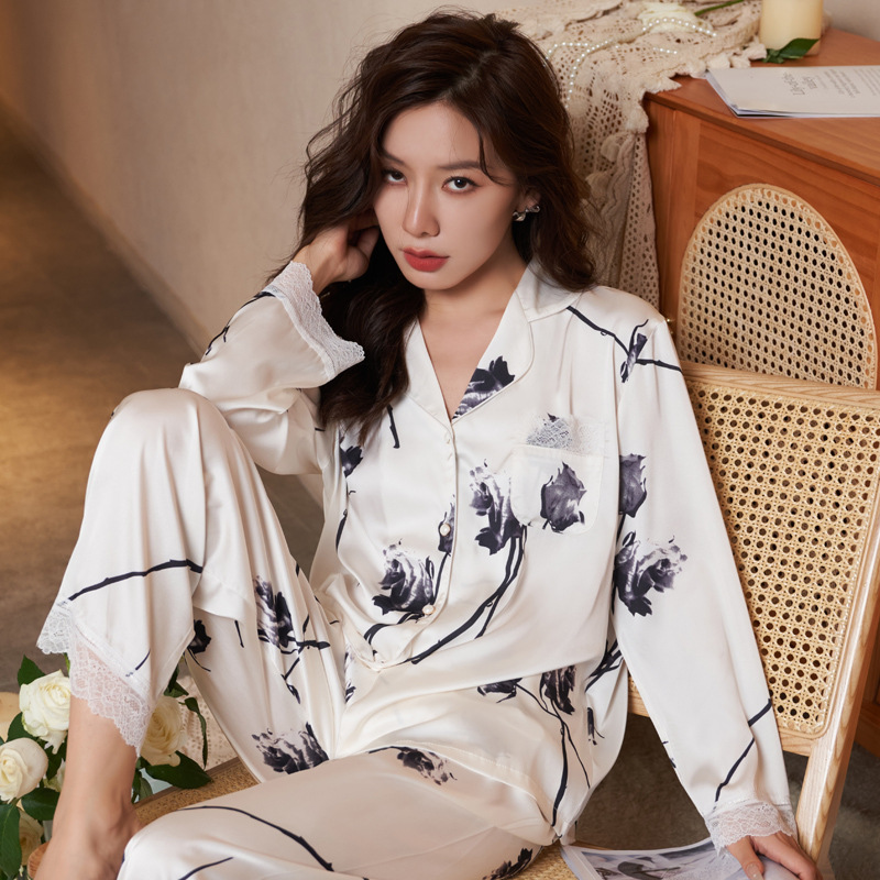 Jiangnan He 2022 Autumn New Women‘s Pajamas Double Long Lace Ink Painting Rose Long Sleeve Trousers Home Wear Casual Suit