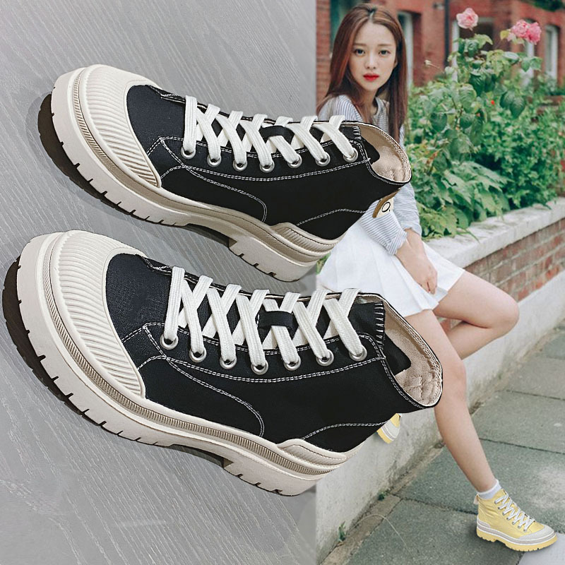 高帮帆布鞋女厚底2022新款松糕饼干鞋内增高小白鞋女春夏学生百搭