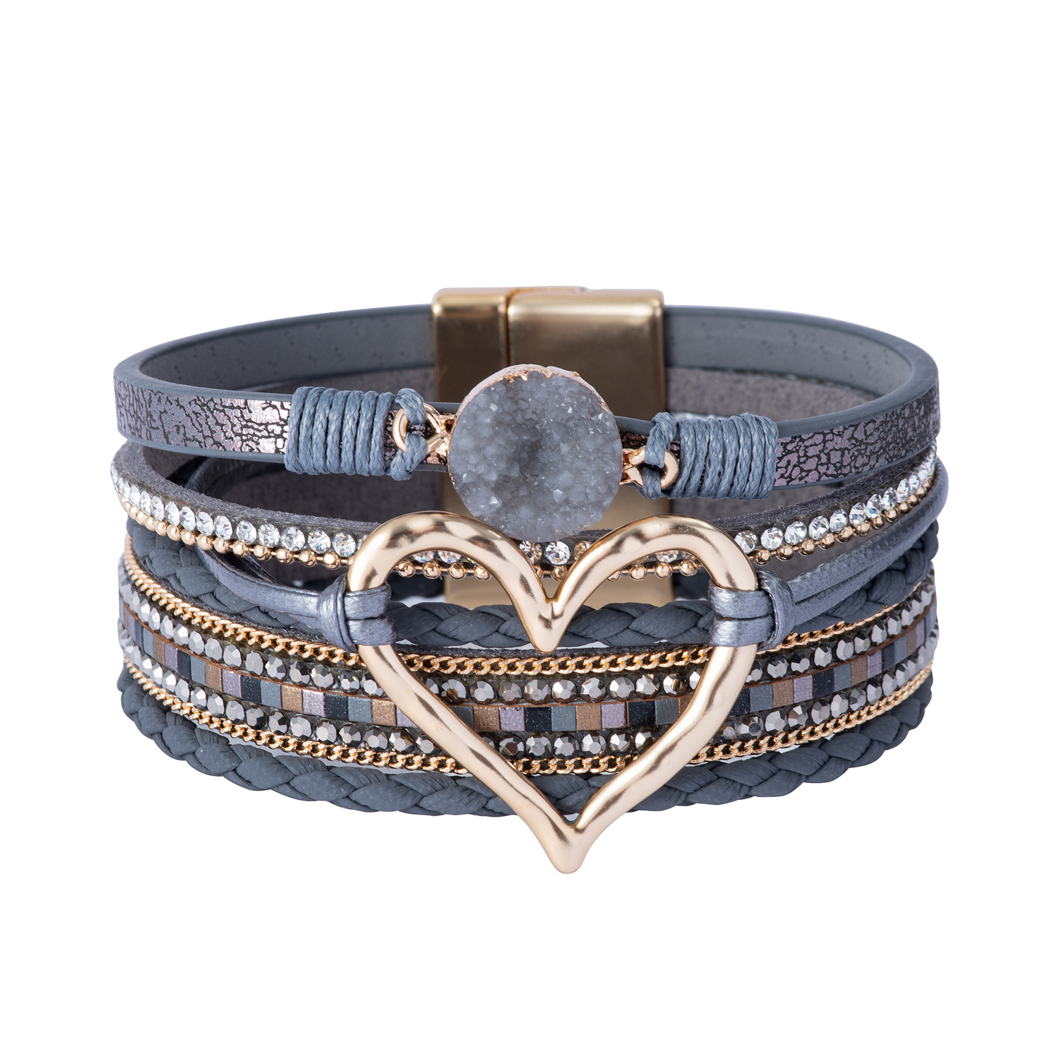 Europe and America Cross Border Foreign Trade Leather Cord Bracelet Bohemian Multi-Layer Bracelet Rough Stone Love Bracelet for Girls