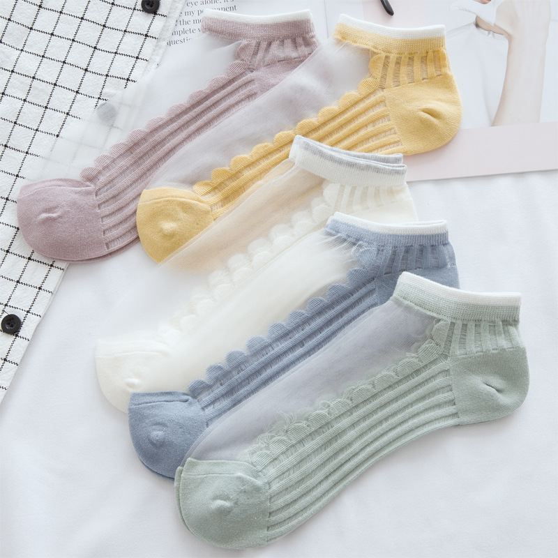 Summer Thin Wave Silk Transparent Socks Women's Low-Cut Glass Silk Crystal Socks Cotton Bottom Socks Women's Short Socks Wholesale