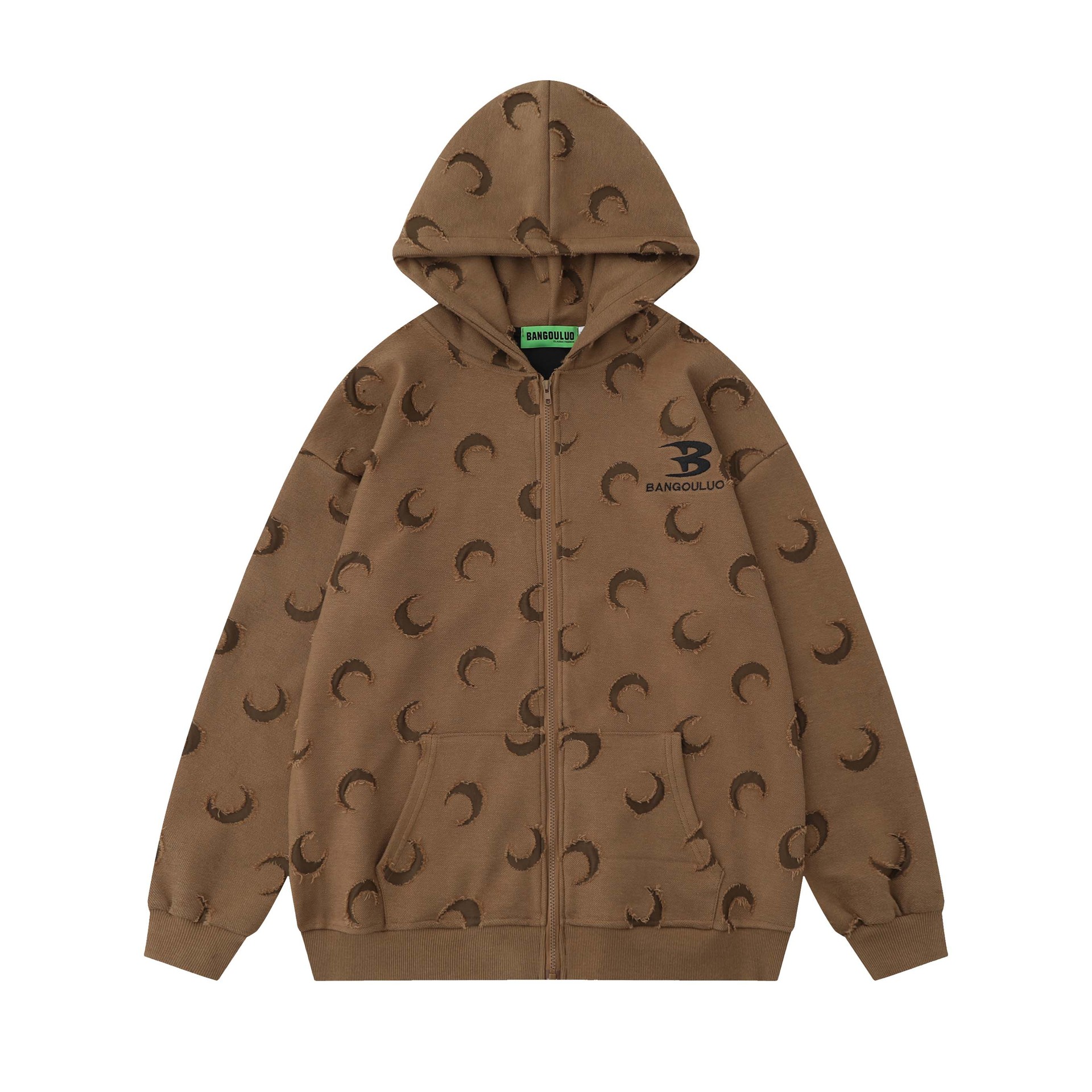 高街美式磨破月牙字母刺绣连帽开衫卫衣男女同款潮牌宽松休闲外套