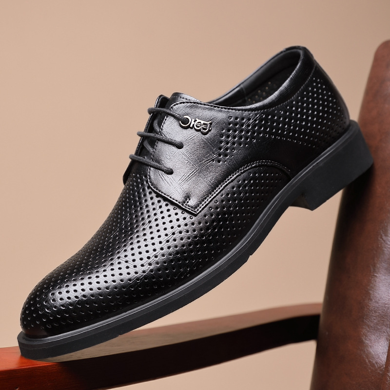 夏季镂空大码皮鞋男一件代发男士商务内增高皮鞋夏天系带洞洞鞋男