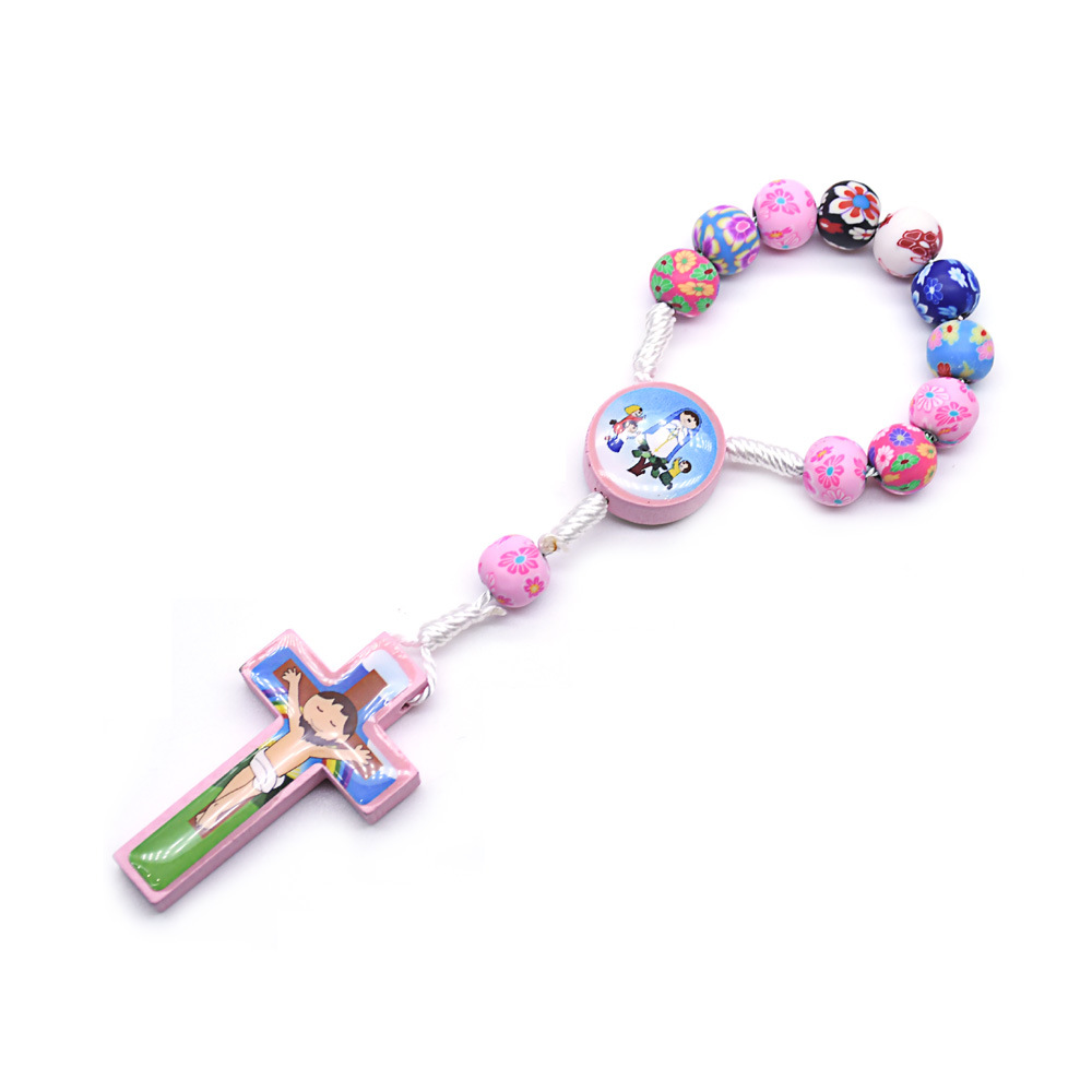 Wholesale Cross Bracelet Handmade Rosary Bracelet Color Polymer Clay Children's Cross Prayer Beads Rosary