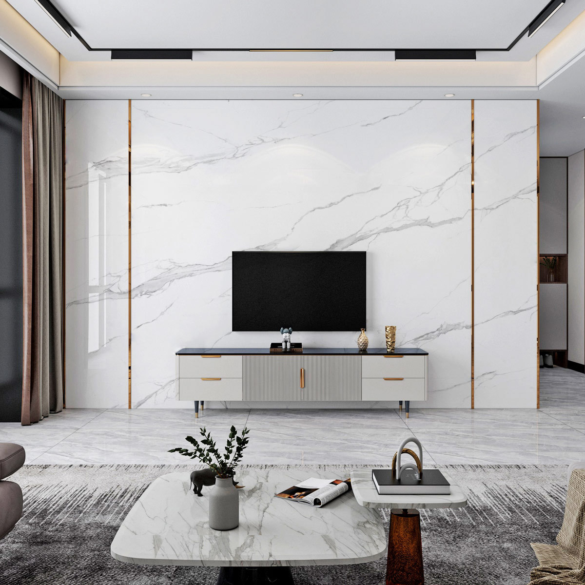 仿岩板大理石电视背景墙布竹木纤维护墙板客厅现代简约鱼肚白壁纸