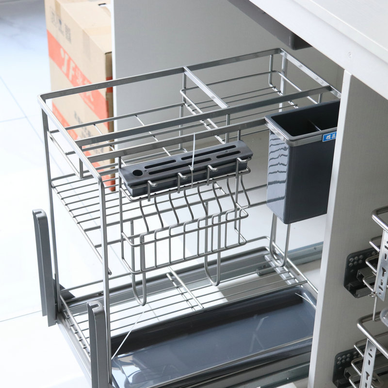 Factory Stainless Steel Seasoning Basket Kitchen Cabinet Push-Pull Seasoning Basket Kitchen Storage Storage Basket Wholesale