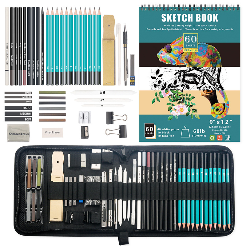 Cross-Border New 50 Pieces Sketch Lead Tools Suit Highlight Metal Pen Charcoal Pen Graphic Art Sketch Pencil Set Suit