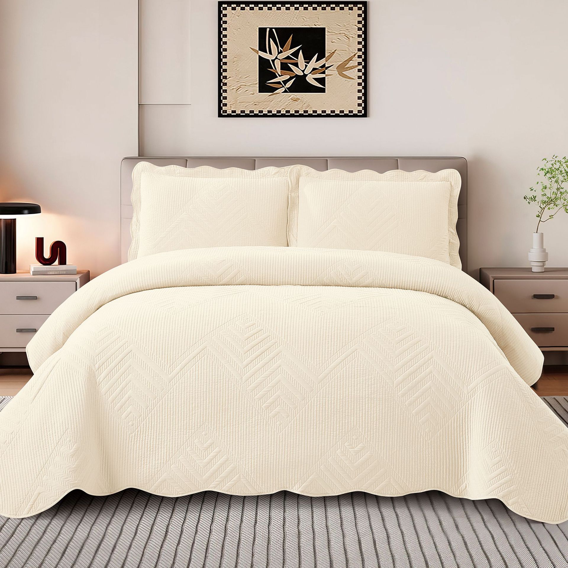 床盖三件套纯色刺绣W型多条纹空调被水洗棉床盖四季被子