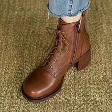软皮马丁靴女咖啡色中跟靴系带大头棕色圆头高跟复古英伦风短靴冬