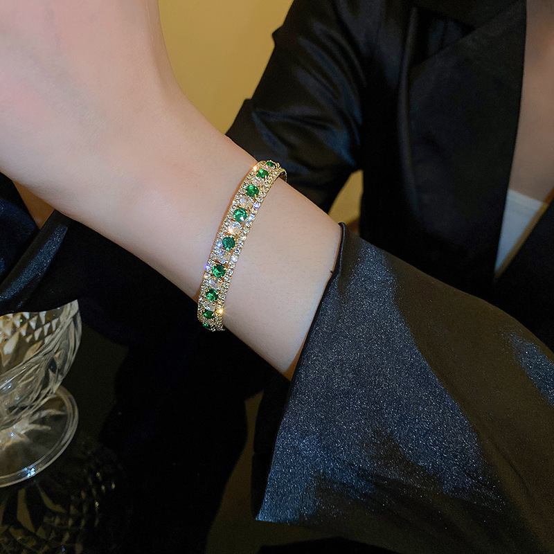 High-Grade Emerald Diamond-Embedded Open Bracelet Ins Niche Design Bracelet Korean-Style Fashionable All-Match Bracelet