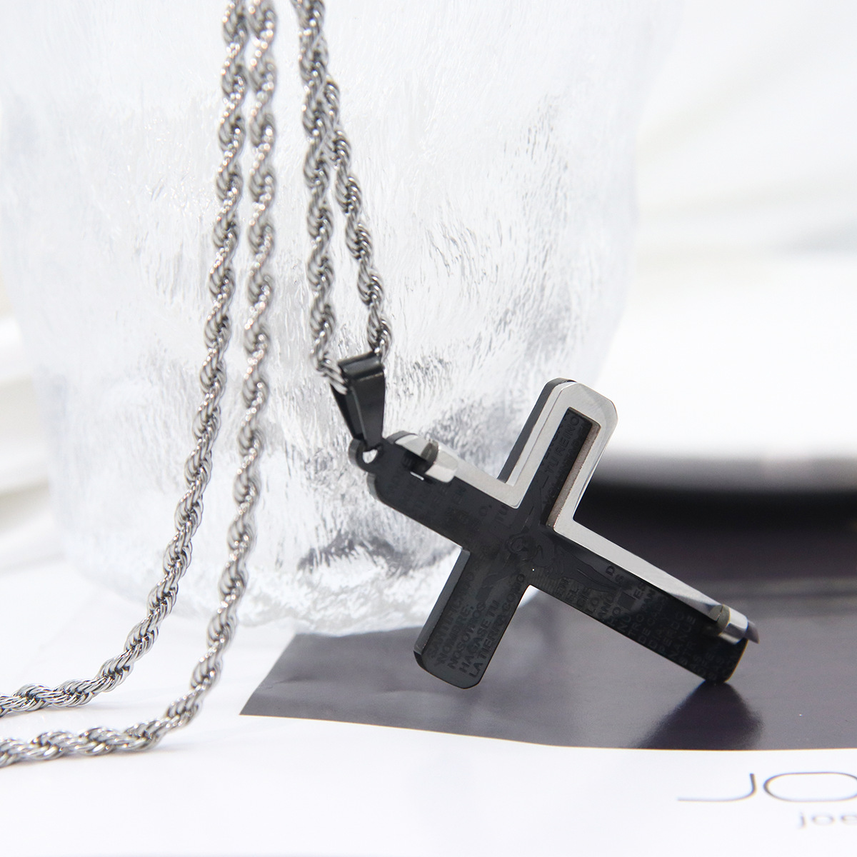 饰海饰品不锈钢十字架项链男士双层十字架吊坠跨境电商货源批发
