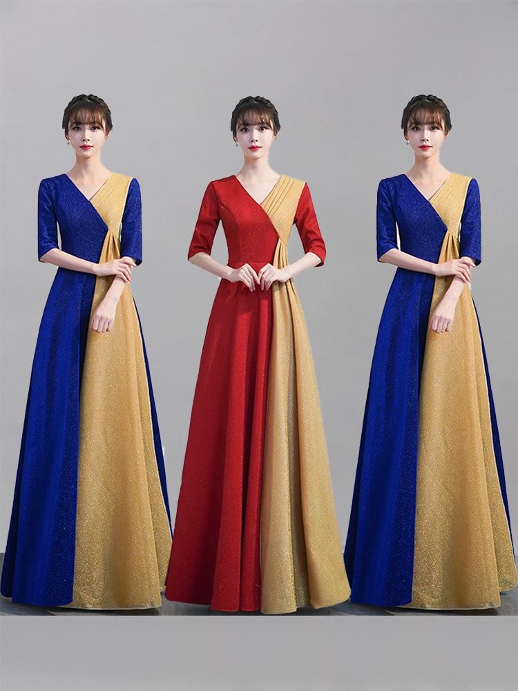 大合唱团演出服装女长裙学生中老年大合唱礼服女长款红歌比赛服装