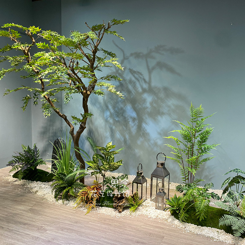 现代简约枫树景观干景布置枯山水造景室内套装绢花会所样板间设计