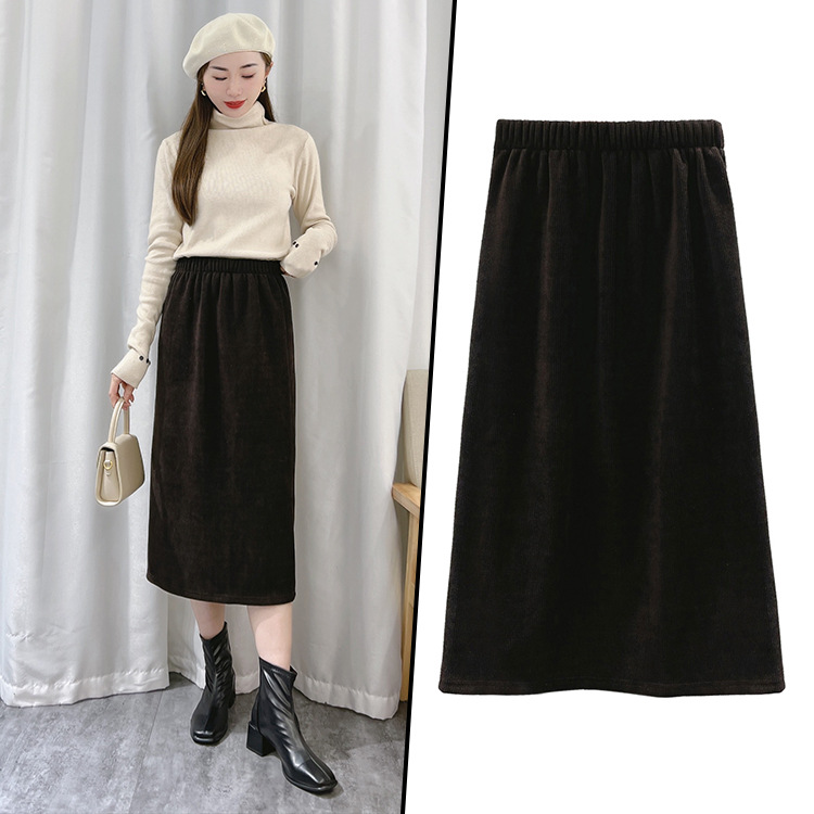 冬季2021年加绒加厚纯色长裙清新甜美棉棕色银狐绒里衬半身裙