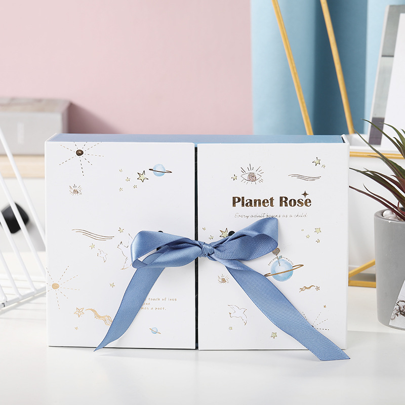 Factory Direct Supply White Background Gift Box Flip Blue Bow Double Open Cover Packing Box Packaging Box Can Be Customized