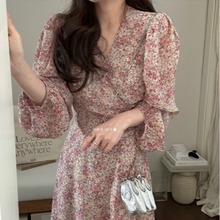 韩国2024春夏新款韩系设计感一片式气质感碎花雪纺长裙仙女连衣裙