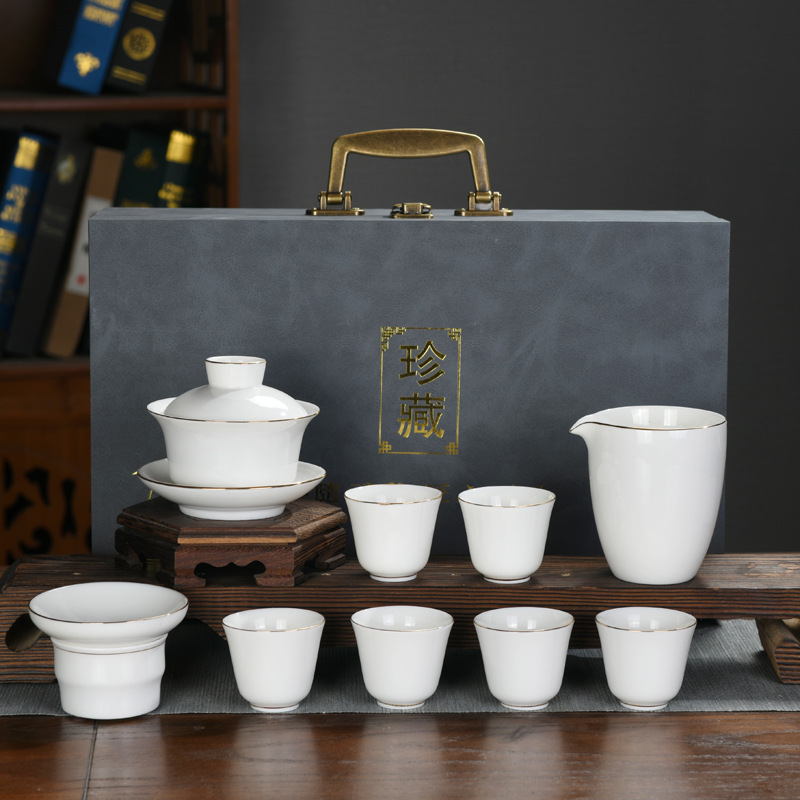 High-End White Jade White Porcelain Sets Kung Fu Tea Set Gold Gaiwan Set Company Gifts Can Add Logo Present for Client